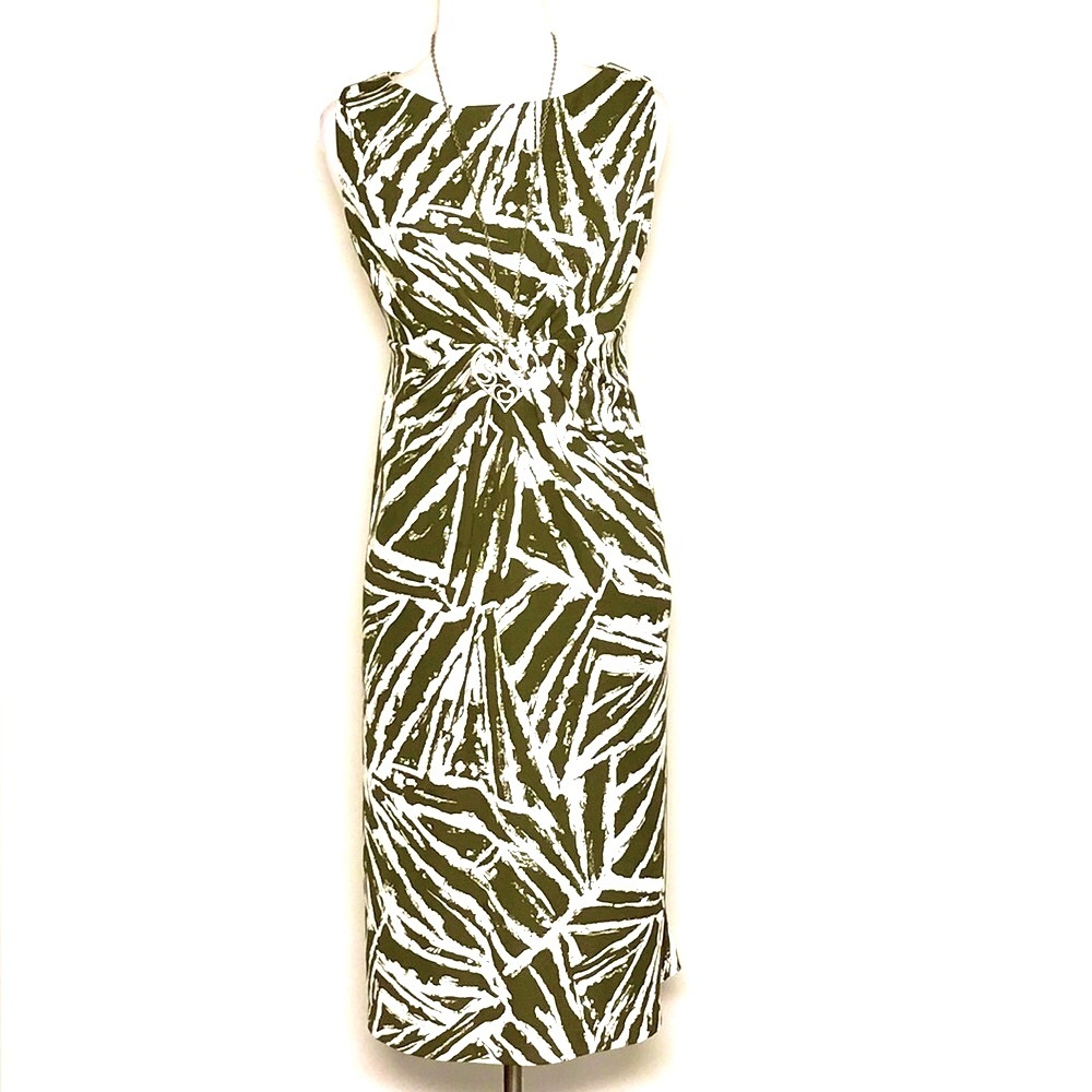 Liz Claiborne Women’s Green & White Print Empire Waist Sheath Midi Dress Size XS